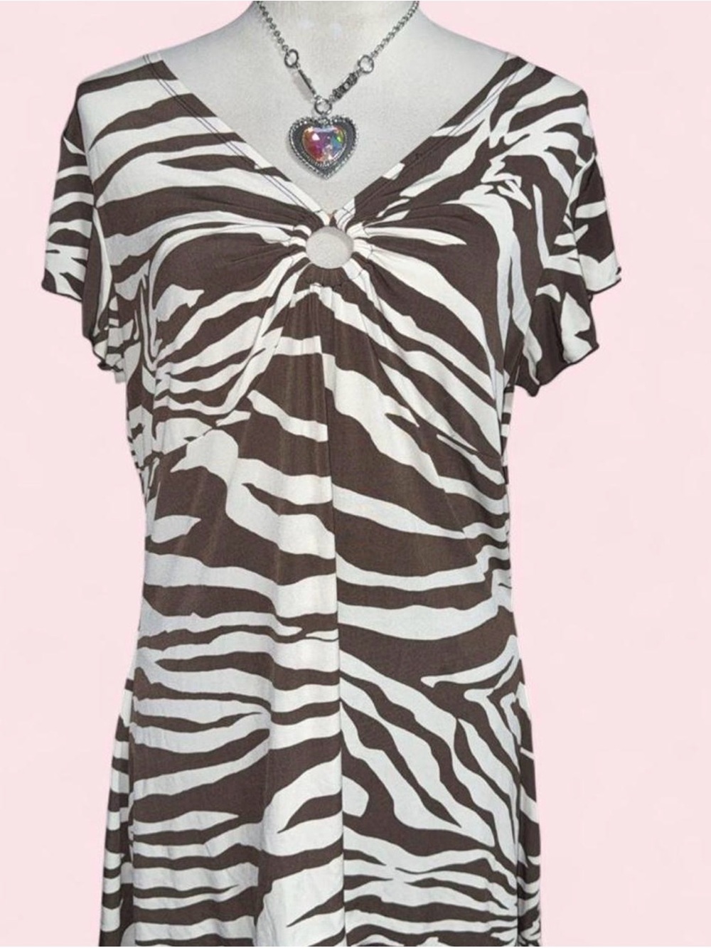 Zebra-Print Ring Front Tunic Top in Brown and White Y2K